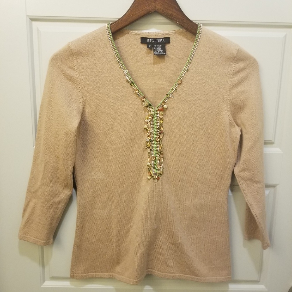 Etcetera  Tan Jewel  3/4 Sleeve V Neck Blouse Sz S